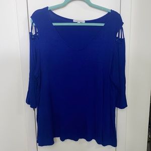 Cobalt Blue V-Neck T-Shirt with Cut Out Sleeve Peek-a-boo Detail